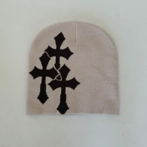 Y2k 2000s tan triple cross brown beanie